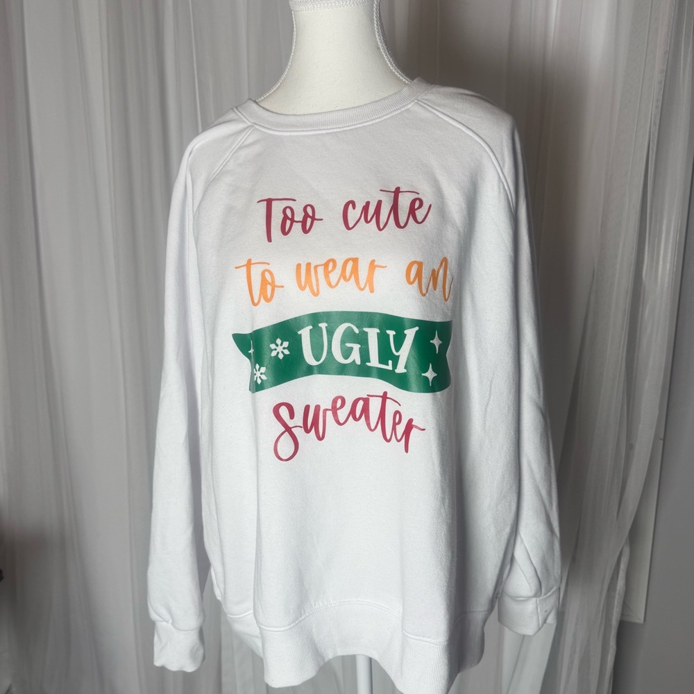 Athletic Works White Crew Neck Sweater with Colorful Print